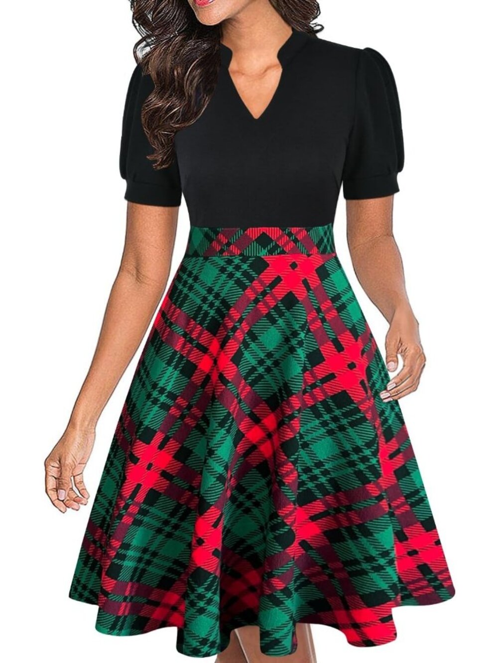 Women's Black Plaid Fit & Flare Midi Dress Puff Sleeve with Pockets
